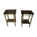 A PAIR OF VINTAGE BRASS AND SMOKED GLASS OCCASIONAL TABLES With smoked glass tops and lower