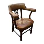 A 19TH CENTURY MAHOGANY DESK CHAIR Tan leather upholstery, pierced tan vase splat back, on square