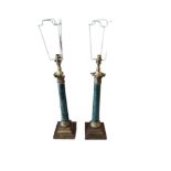 A PAIR OF GREEN MARBLE AND GILT METAL TABLE LAMPS With Corinthian capitals, turned tapering columns,