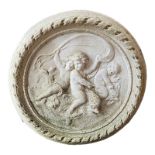 A RECONSTITUTED STONE ROUNDEL, CAVORTING PUTTI WITH DOLPHINS. (60cm) Condition: good overall