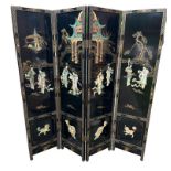 AN ORIENTAL LACQUERED FOUR FOLD SCREEN. (45cm x 184cm, 180cm extended)