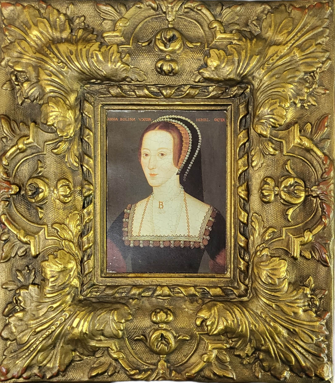 ANNE BOLEYN, 1501 - 1536, A MODERN LITHOGRAPH PORTRAIT PRINT In carved gilt frame, bearing label