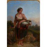 A 19TH CENTURY OIL ON BOARD, PORTRAIT OF A PEASANT GIRL IN A LANDSCAPE Indistinctly signed lower