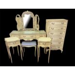 A MID CENTURY FRENCH DESIGN CREAM FINISHED SIX PIECE BEDROOM SUITE Comprising a dressing table,