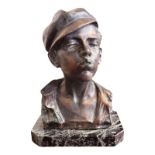 A MID 20TH CENTURY CAST BRONZE BUST, A 1920'S BOY SMOKING A CIGARETTE Signed on back, raised on a