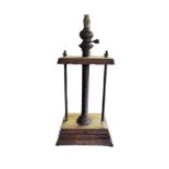 A 19TH CENTURY RUSTIC FRUITWOOD BOOK PRESS CONVERTED TO A TABLE LAMP. (62cm) Condition: good overall