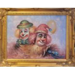 WILLIAM MONINET, 1937 - 1999, OIL ON CANVAS Portrait of two clowns, signed, in a carved gilt
