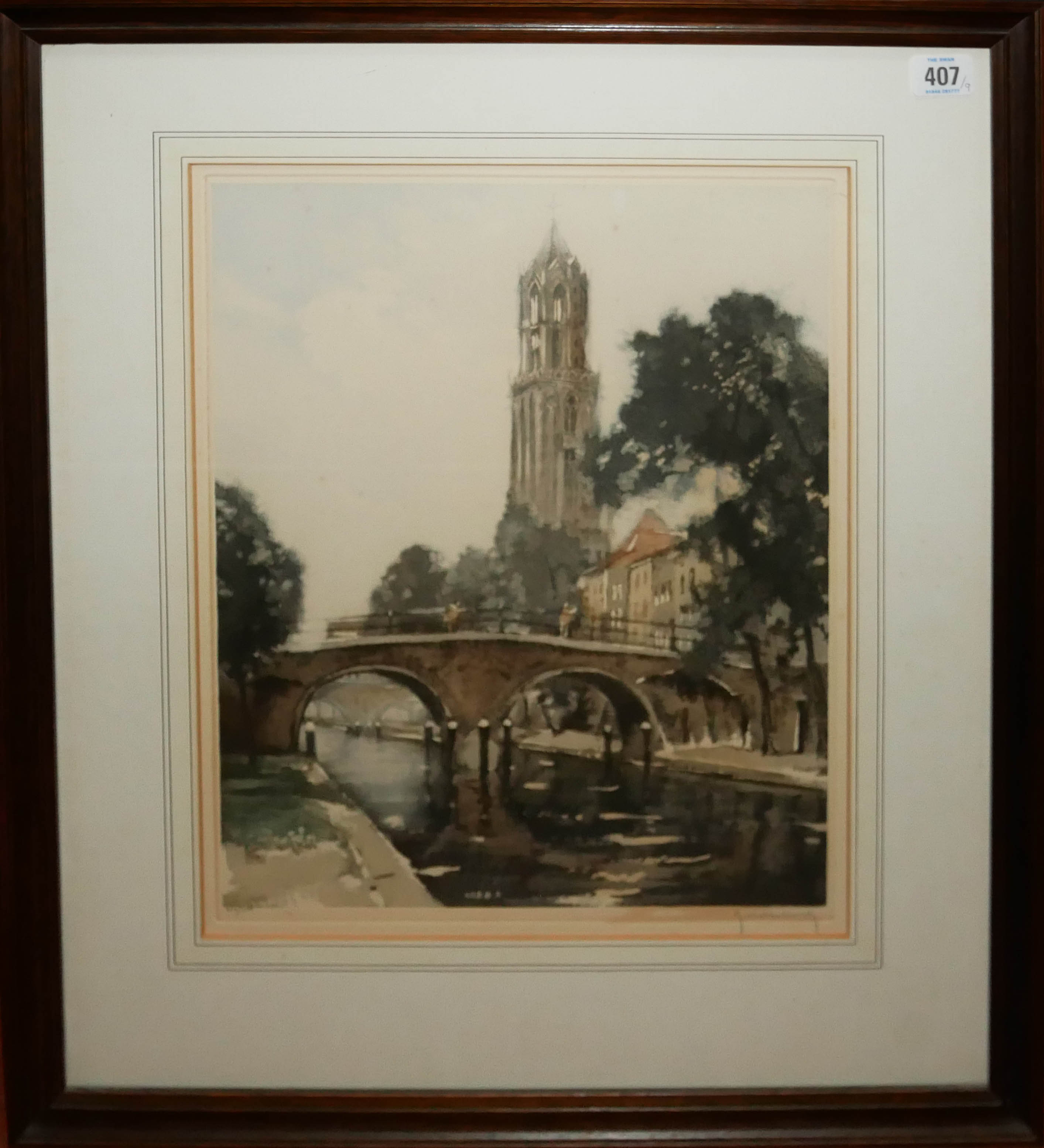 A COLLECTION OF NINE VINTAGE PRINTS To include a signed limited edition etching of a Dutch bridge - Image 4 of 6