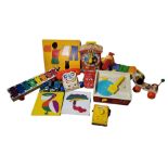 A COLLECTION OF VINTAGE FISHER PRICE TOYS To include a record player, a toy phone, a clock, a