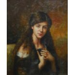 A 20TH CENTURY CONTINENTAL SCHOOL OIL ON CANVAS Portrait of a young lady with hands crossed,