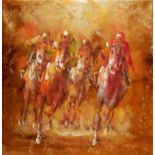 SANDFORD ROBERT, 20TH CENTURY OIL ON CANVAS Four racehorses and jockeys racing on a vibrant golden