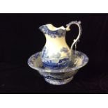 SPODE, AN ITALIAN BLUE CERAMIC PITCHER JUG AND WASH BASIN SET Decorated throughout with Italian blue