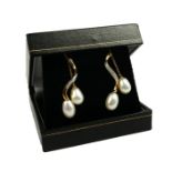 A PAIR 9CT YELLOW GOLD PEARL AND DIAMOND DROP EARRINGS WITH PEARL ON CHAIN BUTTERFLY. Boxed