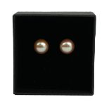 A PAIR 9CT YELLOW GOLD, PEACH/PINK FRESHWATER PEARL STUDS, boxed.