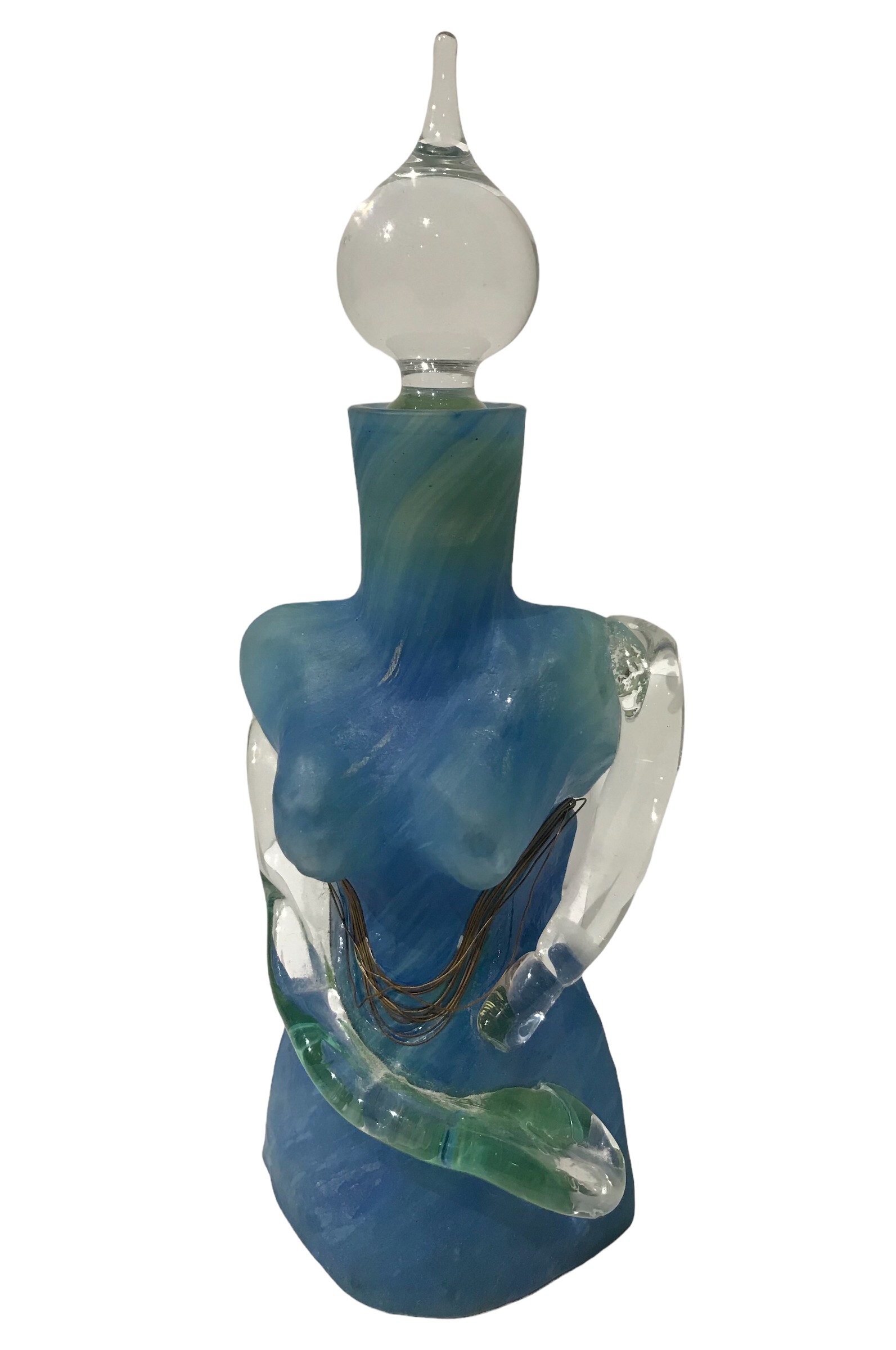 A MURANO STYLE ART GLASS BOTTLE AND STOPPER MODELLED AS A FEMALE TORSO.