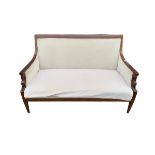 A LATE 19TH/EARLY 20TH CENTURY FRENCH EMPIRE DESIGN MAHOGANY AND UPHOLSTERED SETTEE The arms