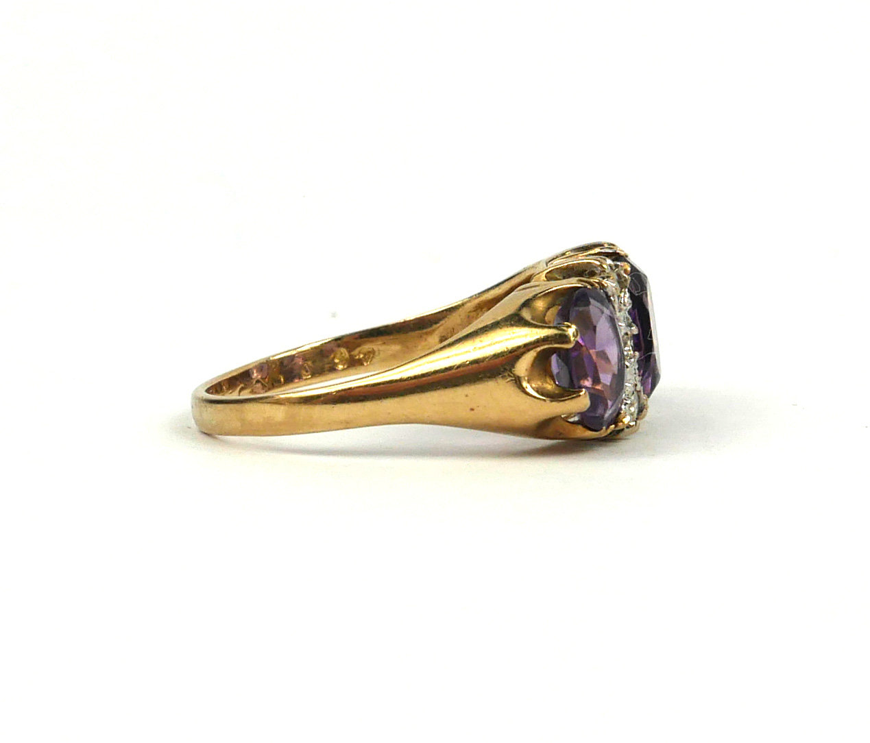 A 9CT YELLOW GOLD OVAL AMETHYST AND DIAMOND RING. - Image 2 of 3