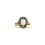 A ROLLED GOLD VICTORIAN OPAL EFFECT AND PEARL EFFECT VINTAGE RING.