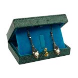 A PAIR OF DROP EARRINGS SET WITH DIAMONDS PEARLS AND SAPPHIRES. Boxed.