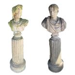 AFTER THE ANTIQUE, A PAIR OF DECORATIVE LIFE SIZE WEATHERED ROMAN BUST, APOLLO AND POSSIBLY OCTAVE