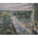 DENNIS GILBERT, B. 1922, BRITISH, 20TH CENTURY OIL ON CANVAS Street scene, view of The River