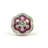 A VICTORIAN STYLE RUBY AND DIAMOND CLUSTER RING. (Approx 1.75ct diamonds, 1.45ct rubies)