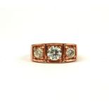 9CT ROSE GOLD THREE STONE DIAMOND RING. (Approx centre diamond 0.94ct, Outer diamonds 0.82ct,