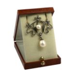 AN ORNATE NECKLACE SET WITH DIAMONDS, SEED PEARLS & TWO SUSPENDED PEARLS, Boxed.