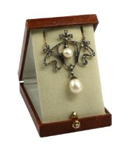 AN ORNATE NECKLACE SET WITH DIAMONDS, SEED PEARLS & TWO SUSPENDED PEARLS, Boxed.