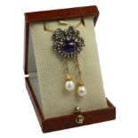 A CABOCHON AMETHYST, SEED PEARLS, DIAMONDS CULTURED PEARL NECKLACE.