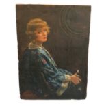 ROBINSON, 20TH CENTURY BRITISH SCHOOL OIL ON CANVAS Interior scene, portrait of a woman wearing a