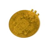 A RARE 1901 AUSTRIAN FOUR DUCAT GOLD COIN Having three loops attached to top forming a pendant. (