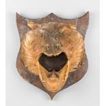 AN EARLY 20TH CENTURY TAXIDERMY PIKE HEAD ON OAK SHIELD. (h 26cm x w 22cm x d 17cm)