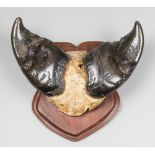 AN EARLY 20TH CENTURY DWARF BUFFALO PART SKULL AND HORNS UPON SHIELD. (h 40cm x w 43cm x d 15cm).