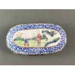 A rare Canton Enamel oval Box and Cover, Qianlong L: 12.5cm, H: 4.5cm In the form of a Dutch brass