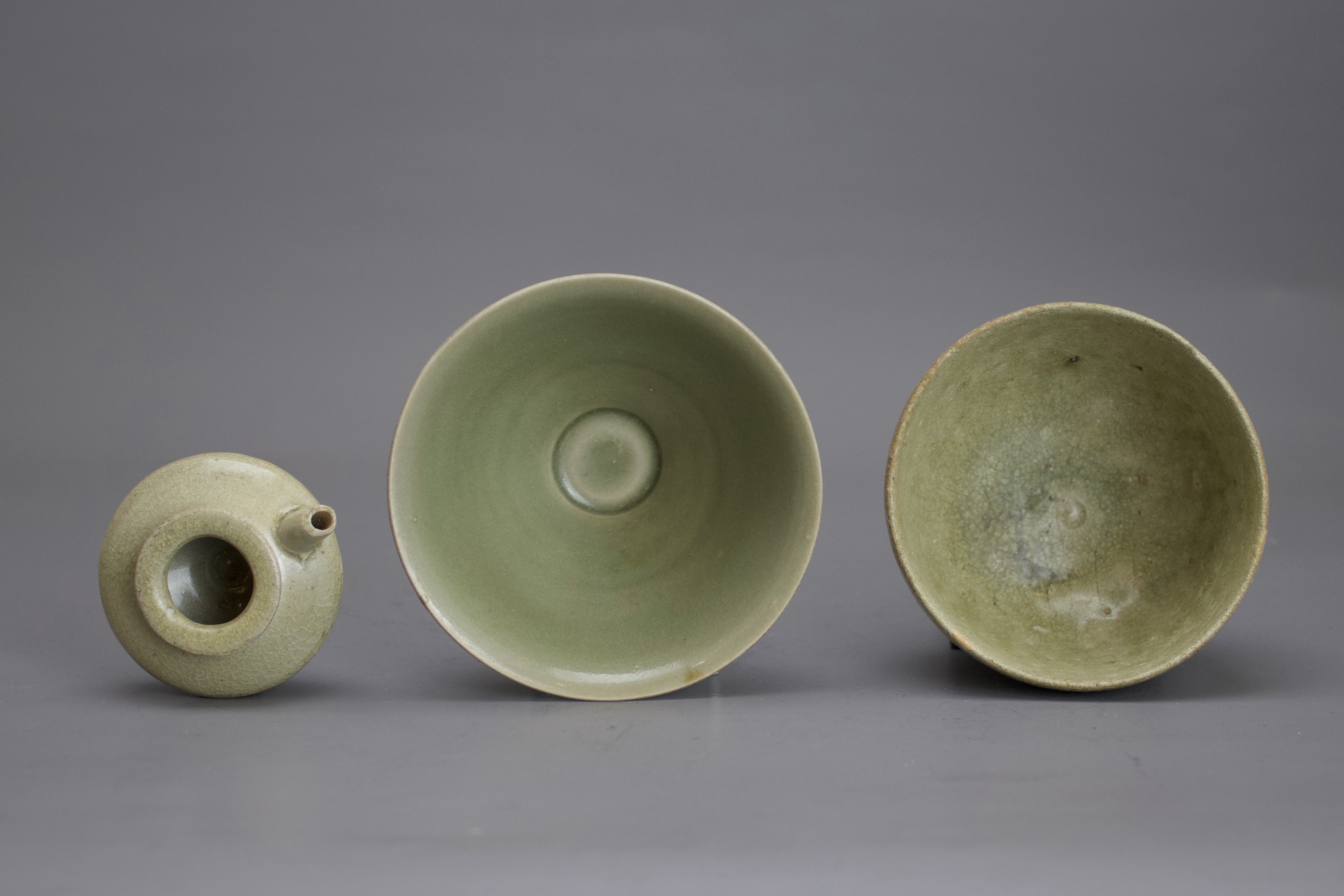 Two celadon Bowls and a small spouted celadon Ewer,Song /Yuan dynastythe Yaozhou bowl W: 10cm ' - Image 3 of 4