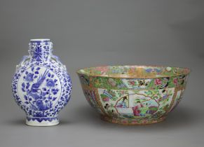 A Canton 'famille rose' Punchbowl, and a blue and white Moonflask, 19th century the bowl W: 29.8cm