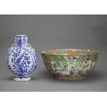 A Canton 'famille rose' Punchbowl, and a blue and white Moonflask, 19th century the bowl W: 29.8cm