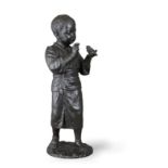 A fine Tokyo school style figure of a standing Boy feeding a bird, Meiji Period H:48cm, W:17cm His