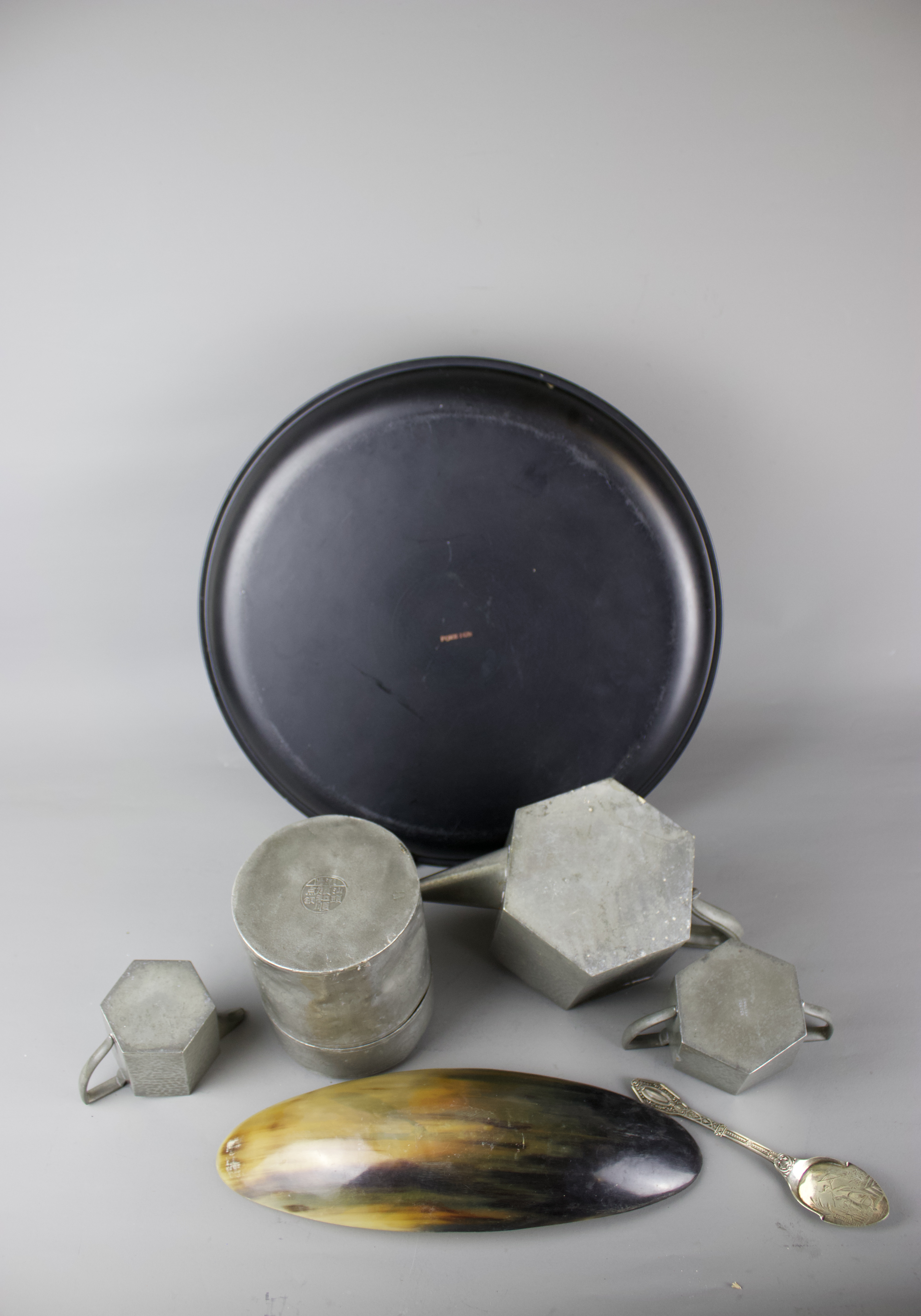 A tea ceremony set including an oriental tray, one Chinese pewter tea caddy, Art Deco pewter tea - Image 2 of 3