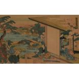 TWO 20TH CENTURY JAPANESE COLOURED PRINTS Samurai warriors fighting and a rural landscape scene. (
