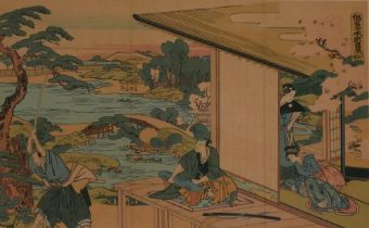 TWO 20TH CENTURY JAPANESE COLOURED PRINTS Samurai warriors fighting and a rural landscape scene. (