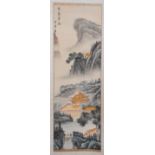 A 20th CENTURY CHINESE WATERCOLOUR LANDSCAPE SCROLL,having blue and white porcelain handles and