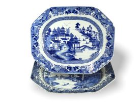 Two blue and white Meat Dishes, 18th Century, W: 46cm, H: 37.5cm The centre decorated in good blue