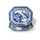 Two blue and white Meat Dishes, 18th Century, W: 46cm, H: 37.5cm The centre decorated in good blue