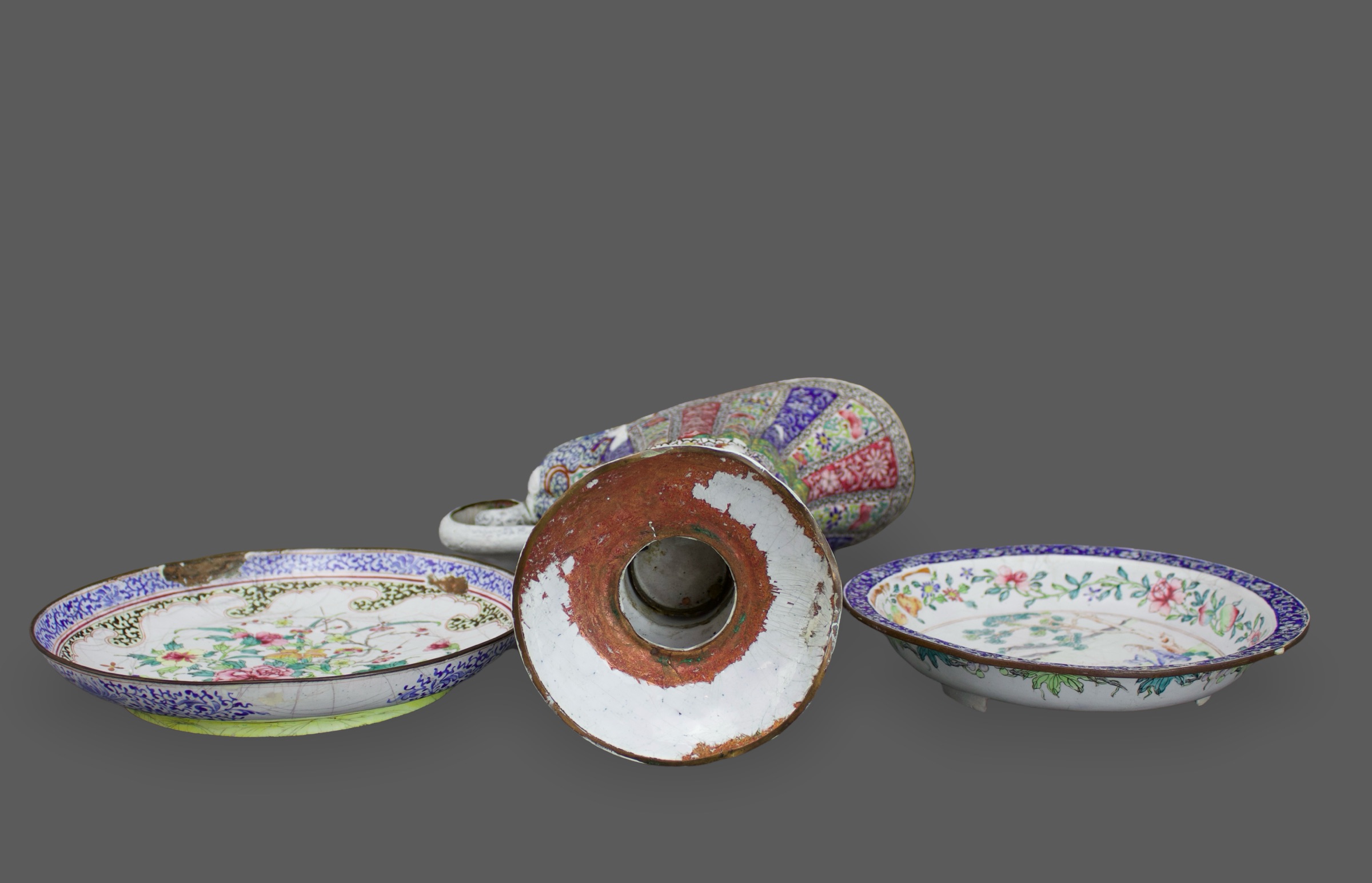 An interesting collection of Canton Enamel, 18th century the ewer H: 28 cm comprising two dishes, - Image 5 of 6