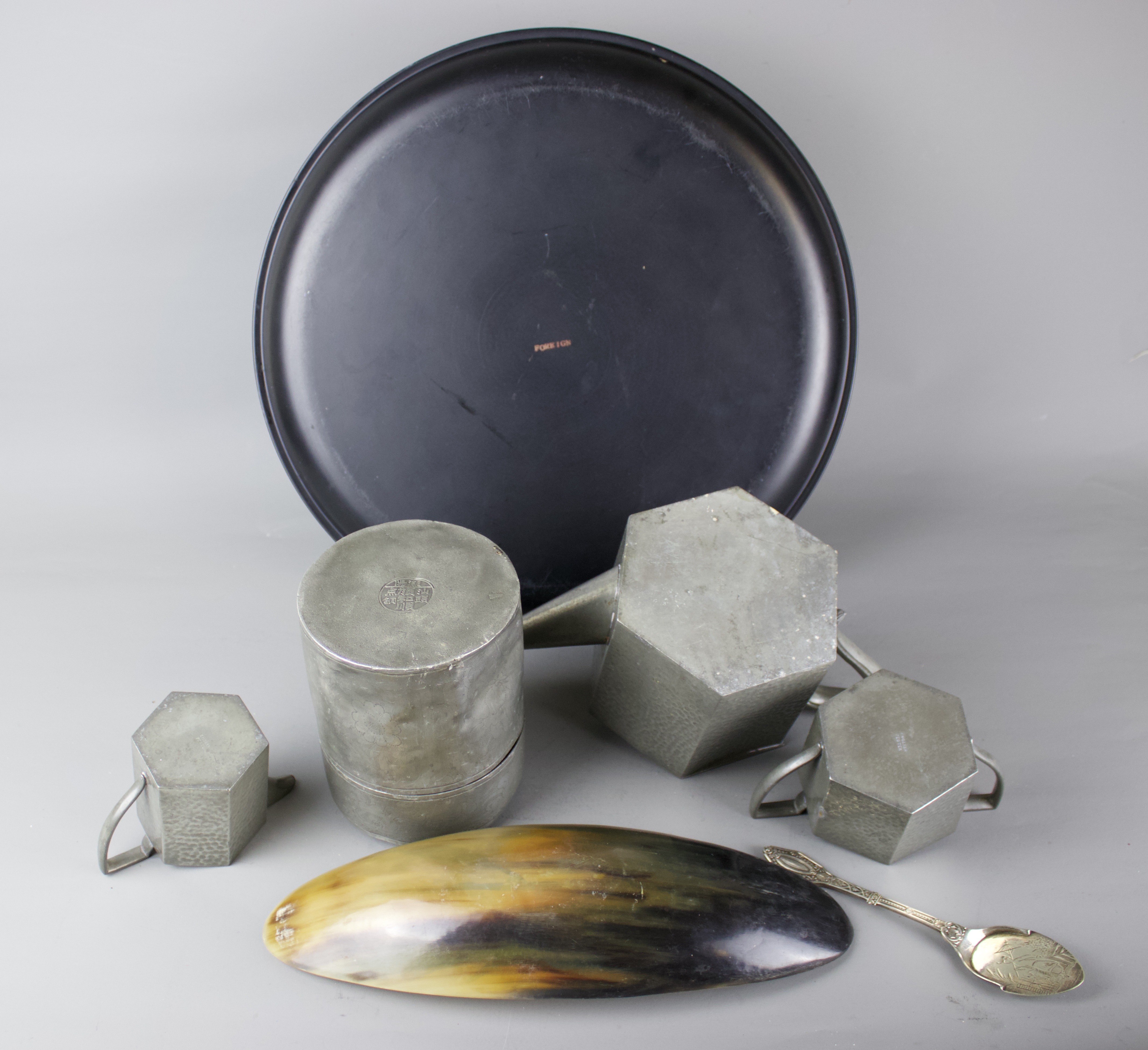 A tea ceremony set including an oriental tray, one Chinese pewter tea caddy, Art Deco pewter tea - Image 3 of 3