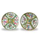 A Pair of Canton 'famille rose' Plates with panels of figures and bird and flowers, Late 19th