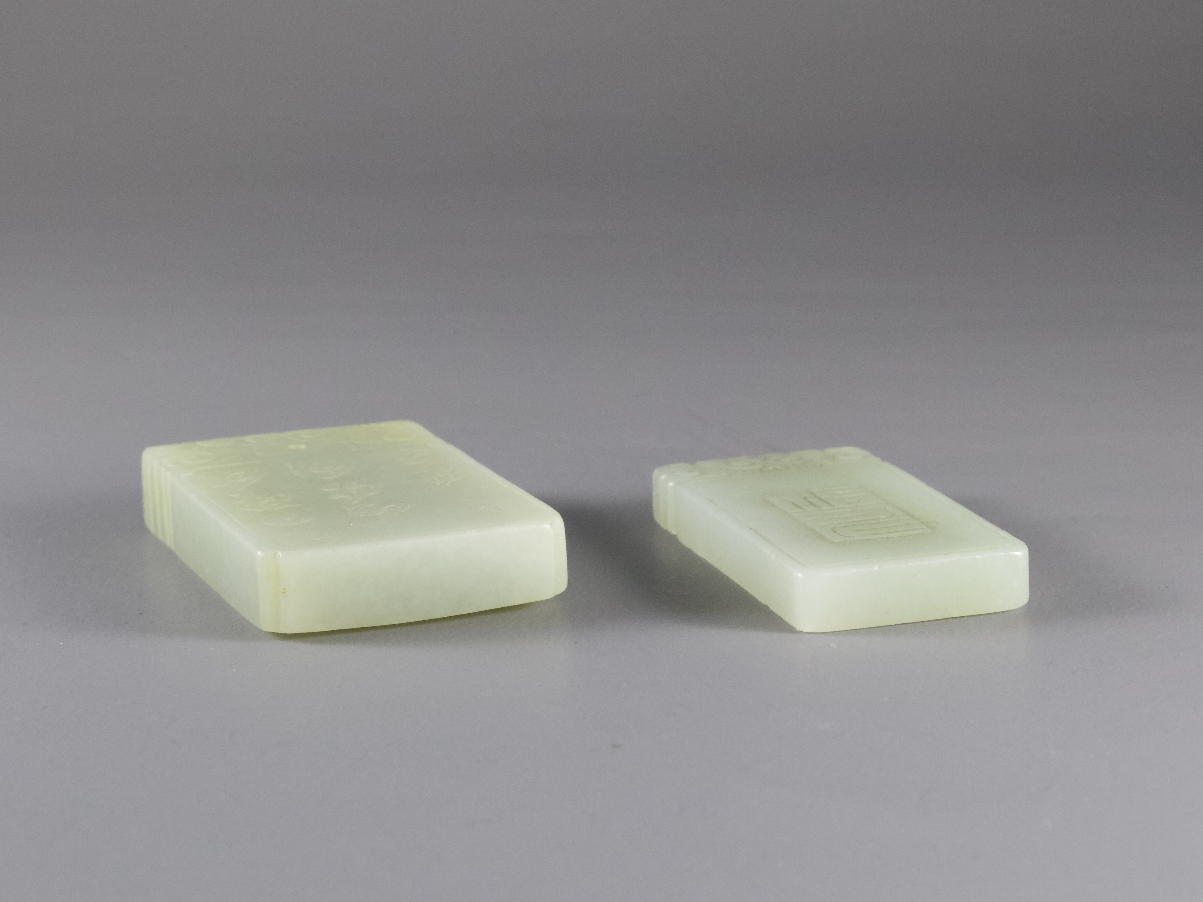 A celadon Jade rectangular Kylin Plaque, and Another, with a sage in a gardenH: 5.2cm and H: 5.5cm - Image 4 of 6