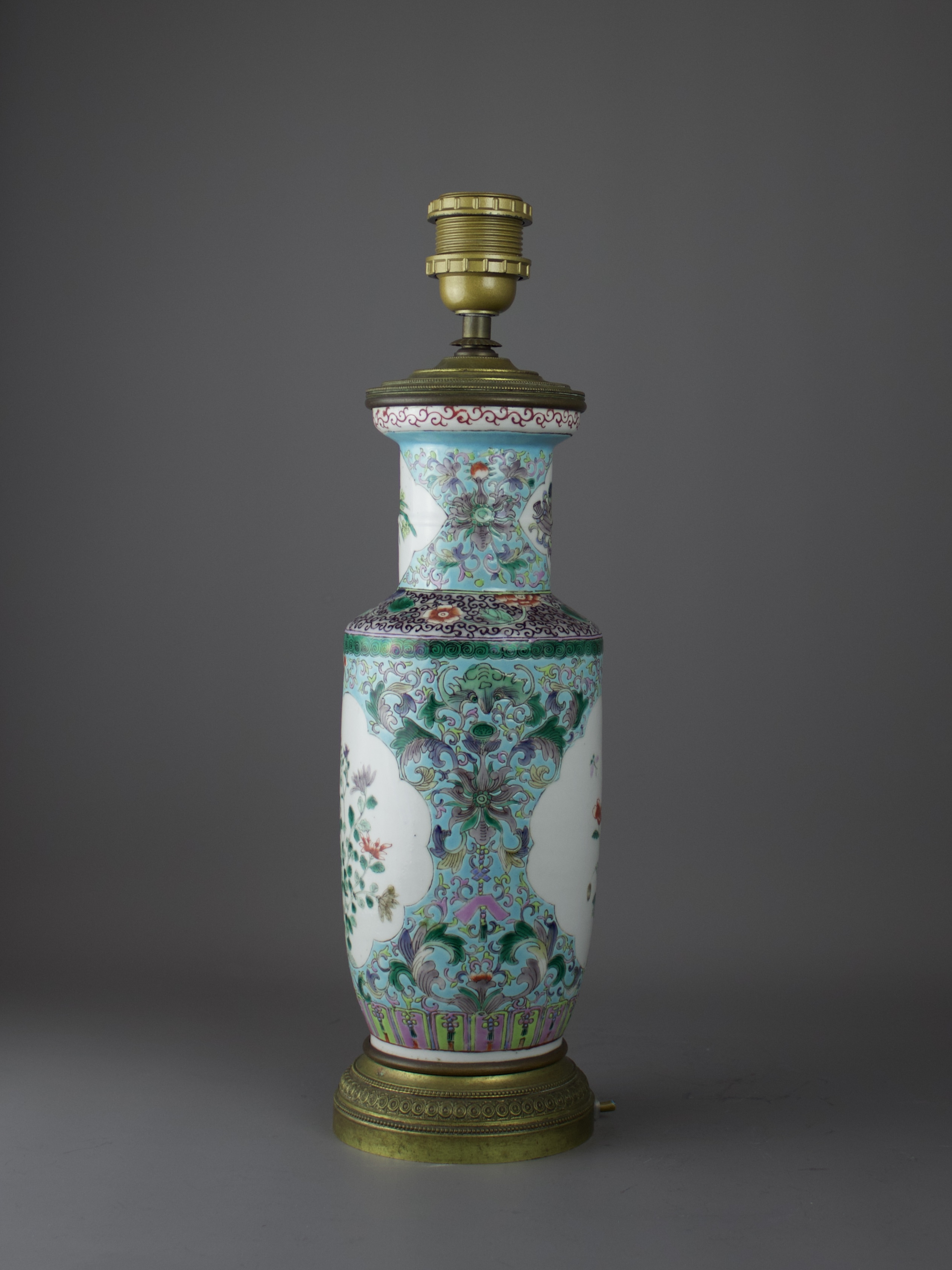 A 'Famille Verte' Rouleau Vase, Republic Period H overall 42cm D 12cm mounted as a lamp, decorated - Image 2 of 5